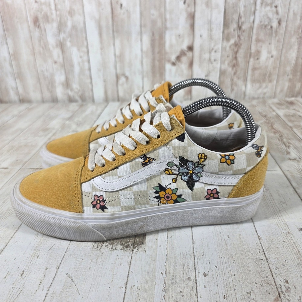 Vans Old Skool Mustard Yellow Suede Floral Bee Checkered Sneakers Womens 8 - Picture 2 of 8